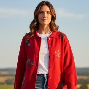 Coldwater Creek Cardigan Sweater Womens Small Red Floral Applique 100% Wool